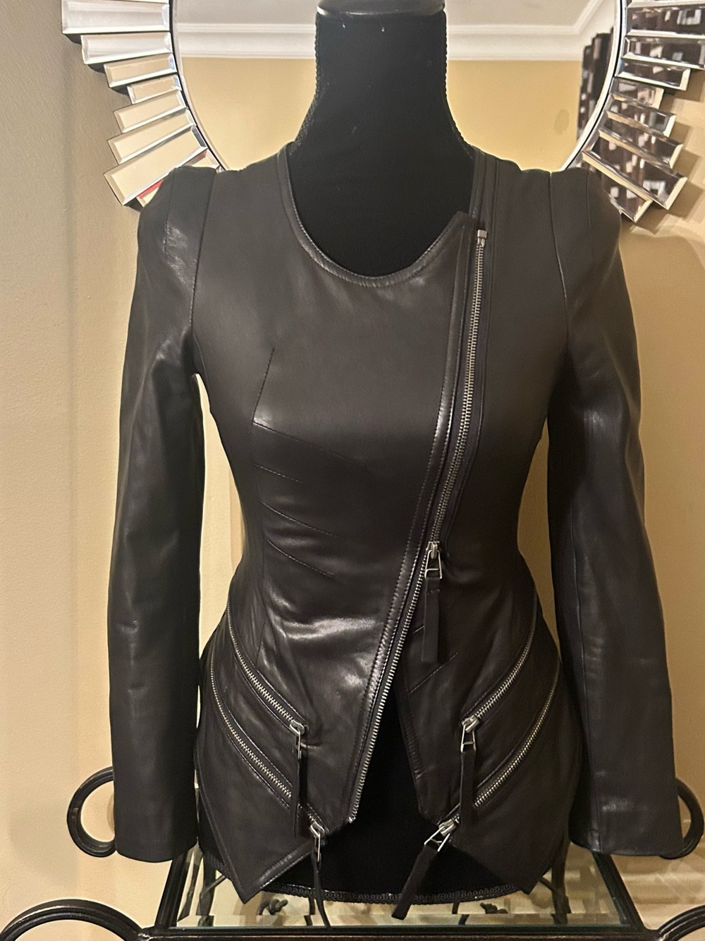 Women's Black Asymmetric Leather Jacket with Zip Details